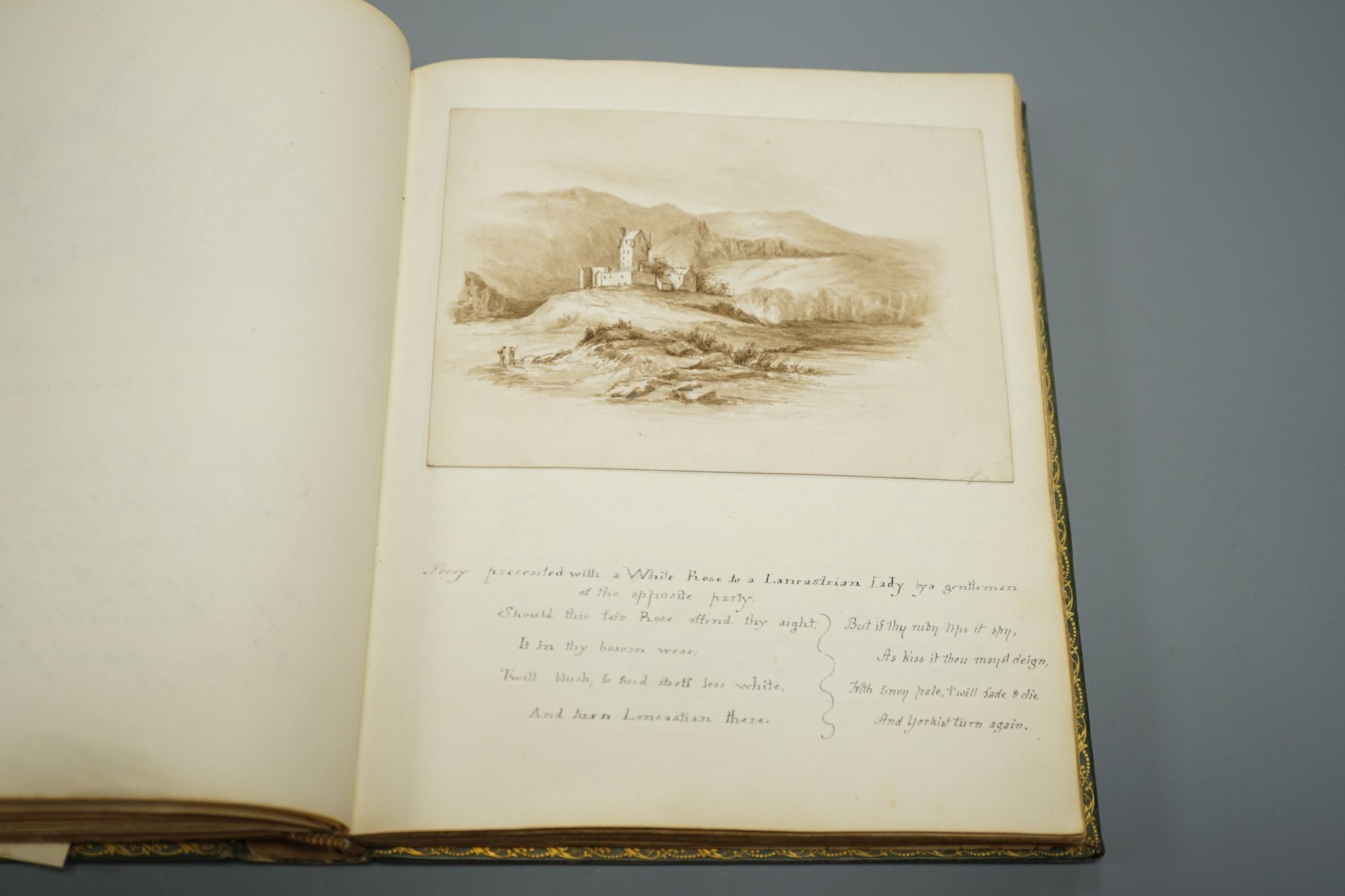 An early 19th century album of 152 watercolours, and pencil and ink drawings, including natural history still life subjects, land and seascapes and vignettes, many with accompanying verse and prose, by approximately 30 d